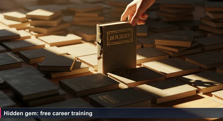 A person discovers a worn but valuable book at a second-hand market, symbolizing hidden free tech training opportunities.