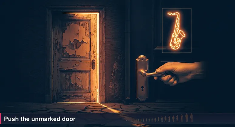 A weathered wooden door half-open in a Johannesburg alley, warm amber light spilling out, suggesting hidden opportunities inside.