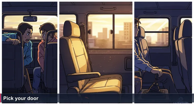 A passenger hesitates at the open sliding door of a minibus taxi at dawn, early light catching dust, driver waiting, scanning the seated commuters to choose a seat.