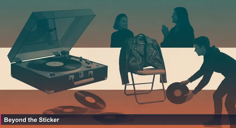 A vintage record player in a Johannesburg garage sale with a 'R50' sticker, beside a box of vinyl records, symbolizing hidden value in overlooked opportunities.
