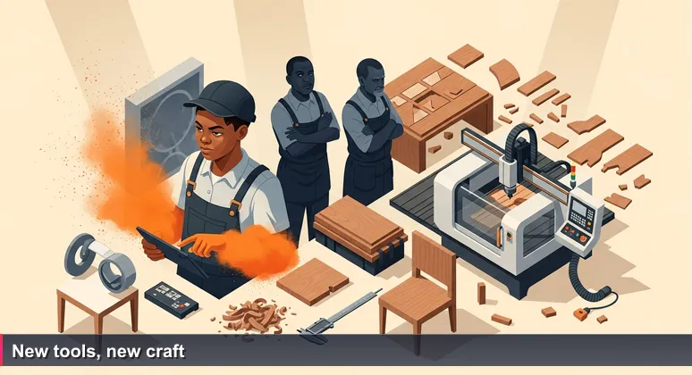 A young developer in a Johannesburg workshop stands confidently beside a CNC machine, holding a tablet, while a master cabinetmaker watches from the background.