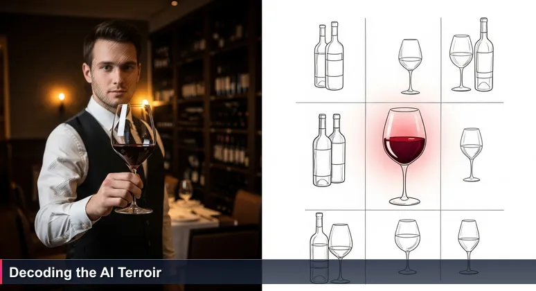 A sommelier in a dark restaurant intently evaluating a glass of wine, symbolizing the careful selection of top AI startups in Finland for 2026.