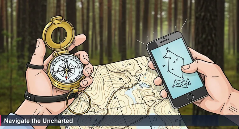 A detailed illustration of hands holding a compass and smartphone over a topographic map in a Finnish pine forest, symbolizing the navigation of AI careers with global skills and local knowledge.