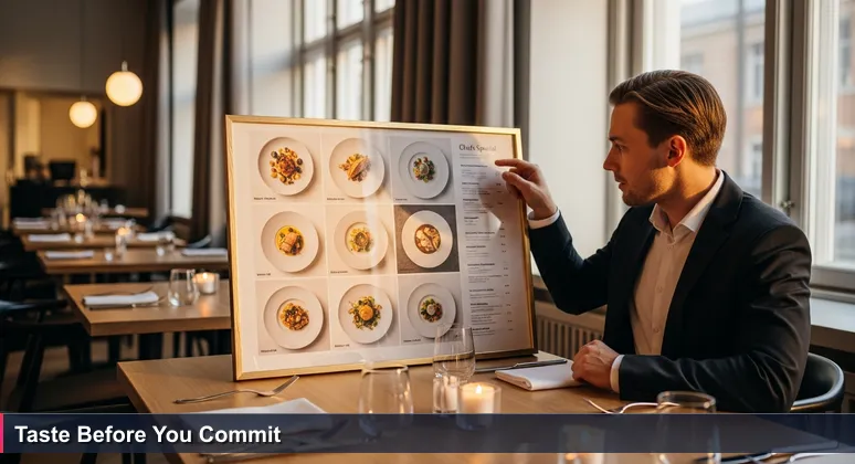 A person in a Helsinki restaurant studying a menu board labeled 'Top 10 Tech Companies 2026' with salary estimates, looking thoughtful.