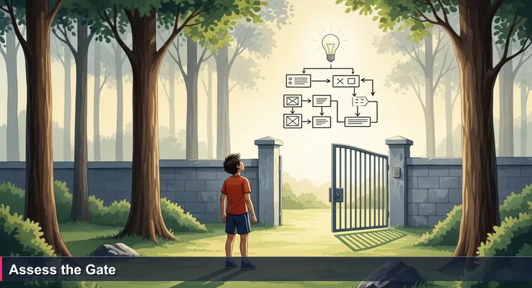 A determined professional in a Finnish forest clearing looking up at a sleek modern gate, symbolizing the selective entry to tech careers in 2026.
