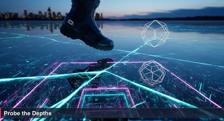 A boot testing the edge of a frozen lake at dusk, with visible cracks and layers in the ice below.
