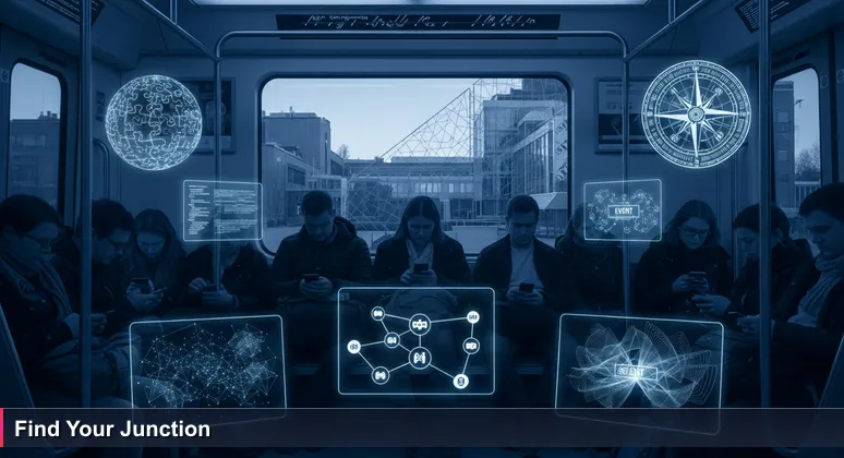 Illustration of a Helsinki metro carriage filled with AI professionals commuting, with screens showing code snippets and meetup event pages, symbolizing the latent networking potential in Finland's tech scene.