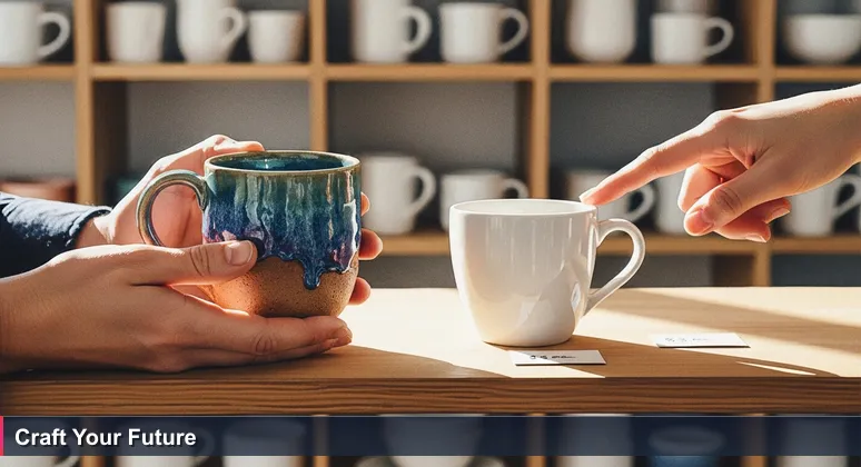 A person's hands comparing a handmade Finnish ceramic mug and a mass-produced mug in a Helsinki design shop, symbolizing AI career choices.
