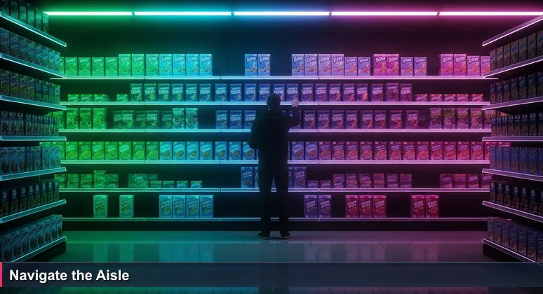 A person standing frozen in a Helsinki supermarket cereal aisle, overwhelmed by colorful boxes, symbolizing the challenge of choosing a tech career path in Finland's abundant job market.
