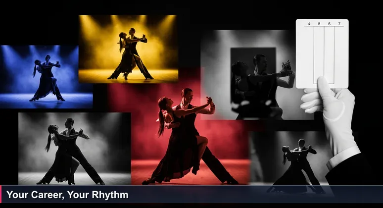 A Helsinki tango hall scene with dancers frozen mid-dip and a judge's scoring card, symbolizing the choice of AI bootcamps in Finland.