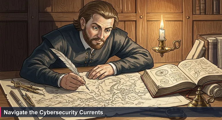 A historical cartographer in Helsinki updates a map with cybersecurity symbols, representing navigation of Finland's 2026 job market for security professionals.