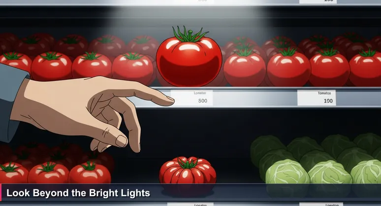 A hand hesitating between a shiny red tomato on a lit supermarket shelf and a smaller, vibrant local tomato on a lower shelf in Helsinki, symbolizing AI career choices beyond obvious tech roles.