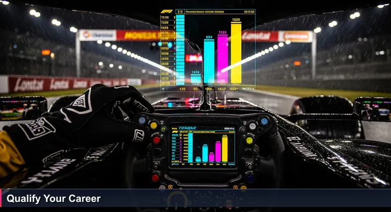 A Formula 1 driver's view from the cockpit in rain, with gloved hands adjusting controls and blurred track lights, symbolizing high-stakes tech careers.
