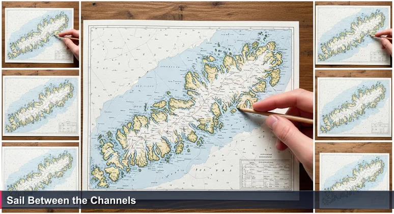 A detailed nautical chart of Finland's archipelago on a wooden table, with a hand tracing a penciled route between islands.