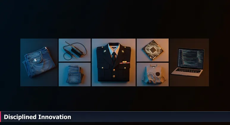 A folded military uniform and civilian clothes on a workbench with tech tools, symbolizing Fayetteville's AI innovation from disciplined problem-solving.