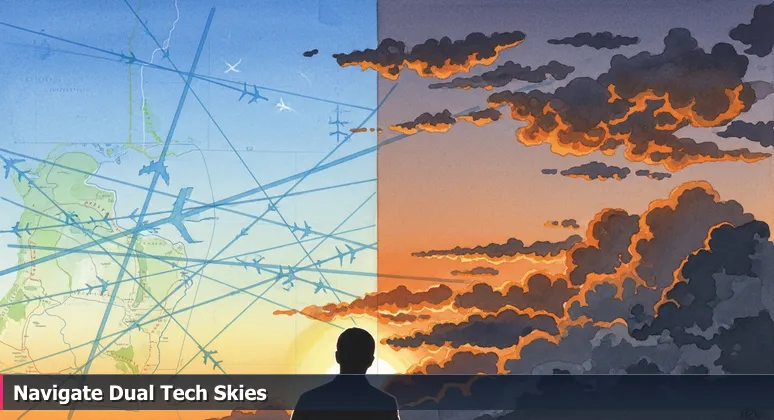 Split-screen view from an air traffic control tower: left shows commercial flight paths with data, right shows restricted military airspace, symbolizing Fayetteville's two tech compensation systems.