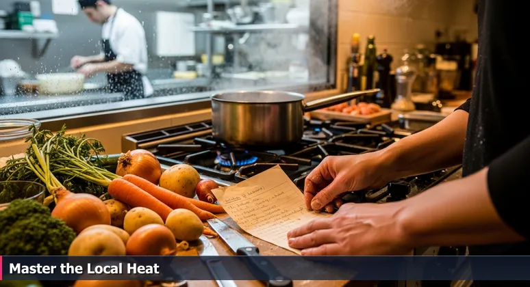A determined person in a Fayetteville home kitchen, referencing an AI engineering guide, with a professional tech workspace visible through a window.