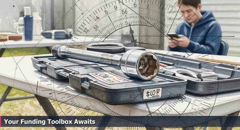 A close-up image of a socket wrench set with a '$5' sticker at a Fayetteville garage sale, representing undervalued tech training funding opportunities.