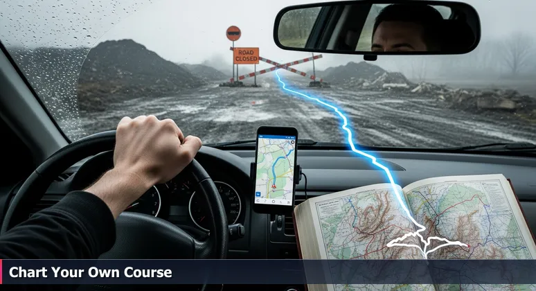 A driver's hand on a steering wheel with a smartphone GPS map showing a route leading to a road closed sign, symbolizing the need for local insights into Fayetteville's 2026 AI salary landscape.