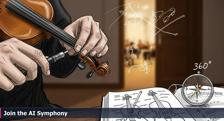 Close-up of hands tuning a violin string, symbolizing AI skill-building, with an orchestra in the background representing Fayetteville's AI community.