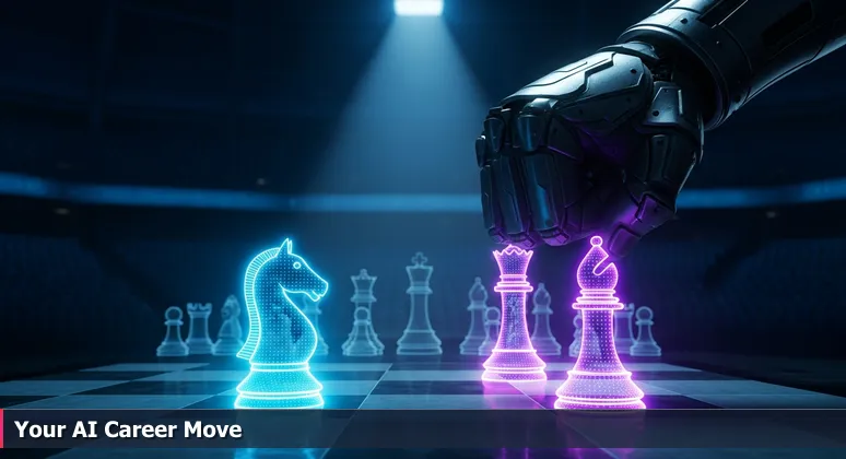 A chess grandmaster's hand poised over a chessboard in a dark hall, symbolizing strategic decision-making for AI engineering careers in Fayetteville, NC.