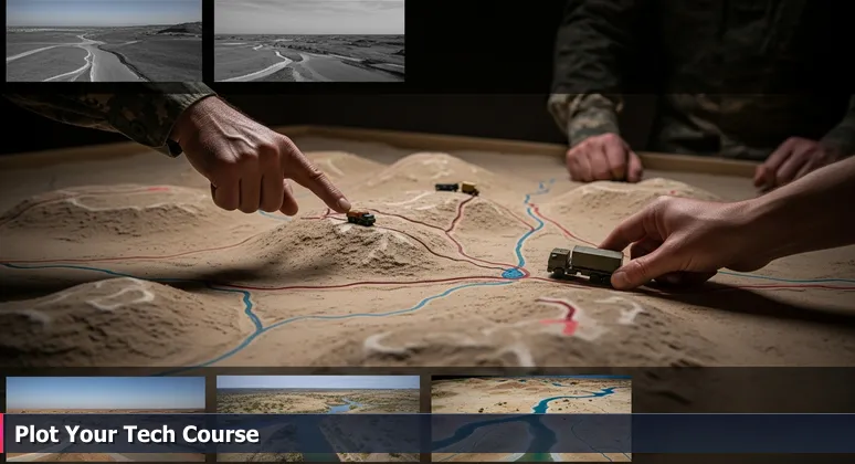 A weathered sand table at Fort Liberty with miniature terrain, symbolizing strategic career planning for tech jobs in Fayetteville, NC.