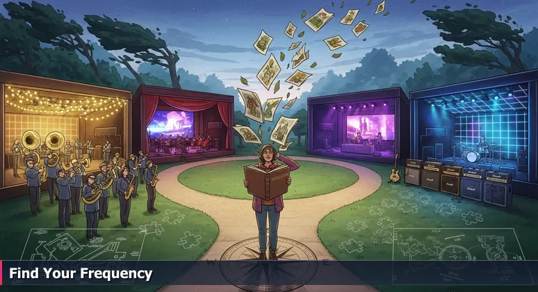 A person standing at the crossroads of four concert stages in a park, each stage representing a cybersecurity sector in Fayetteville, NC, as they listen intently to find their career path.