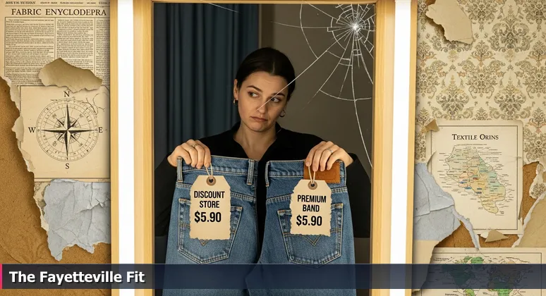 A person in a dressing room comparing price tags on jeans, symbolizing the choice between tech salaries and cost of living in Fayetteville, North Carolina.