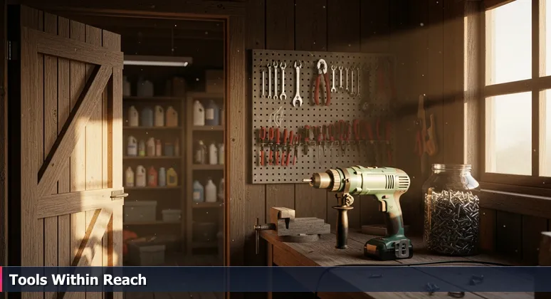 A weathered tool shed with open door, workbench with tools, and pegboard, representing free tech training resources in Fayetteville, NC.