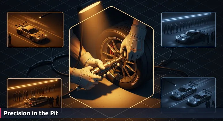 Gloved hands of a pit crew member urgently tightening a lug nut on a race car at night, representing AI talent in Fayetteville's specialized industries like defense and healthcare.