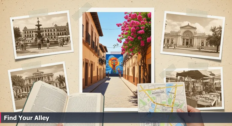 A traveler at a historic city crossroads, holding a guidebook and a hand-drawn map pointing to a cobblestone alley with flowers, symbolizing career choices in tech startups.