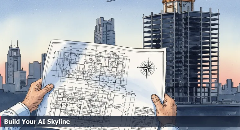 Hands holding a detailed blueprint for an AI career, with the Indianapolis skyline under construction in the background.