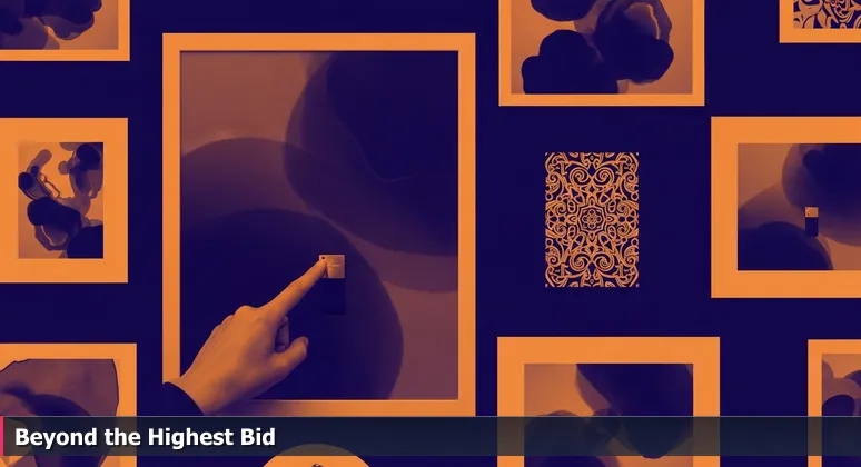 Close-up of a bidder's hand pointing at a 'Current Bid' tag on an artwork, overlooking a detailed provenance card that reveals its true value.