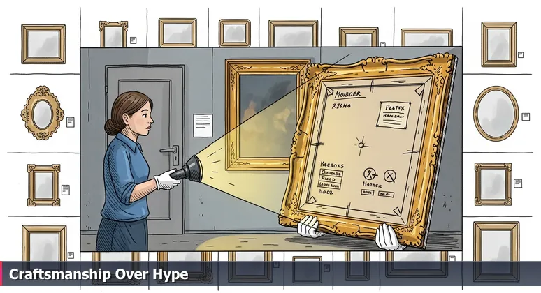 A curator in a museum back room examines the back of a painting with a flashlight, highlighting handwritten labels and canvas texture, symbolizing the hidden craftsmanship of AI startups in Indianapolis.