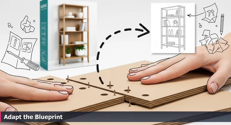 Hands holding misaligned flat-pack furniture pieces with a perfectly assembled bookcase image in the background, symbolizing the challenge of adapting AI skills to Indianapolis's unique job market.