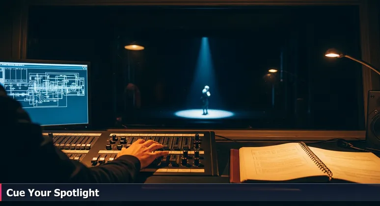 An operator in a dim theater control booth adjusting levers to shine a spotlight on a stage, symbolizing navigation of funding programs for tech training in Indianapolis.