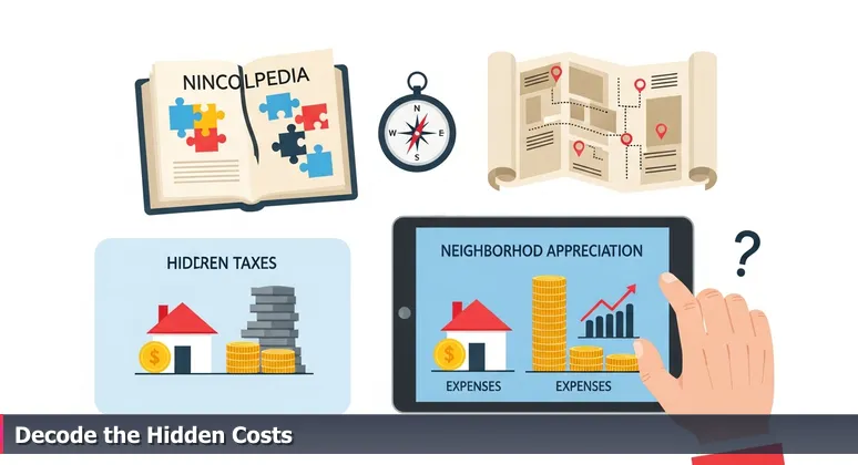 A person comparing two house listings on a Zillow app on a laptop screen, with one showing low price but high taxes and the other higher price but lower taxes, illustrating hidden factors in AI salary evaluations in Indianapolis.