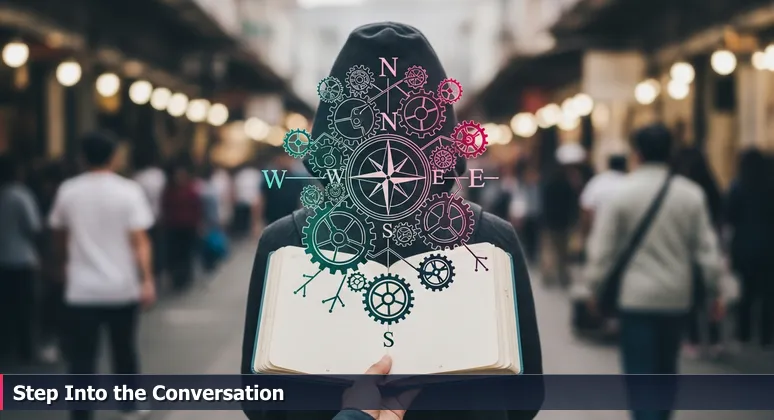 A person isolated in a busy Indianapolis market, holding a guidebook, symbolizing the transition from AI theory to local community engagement.