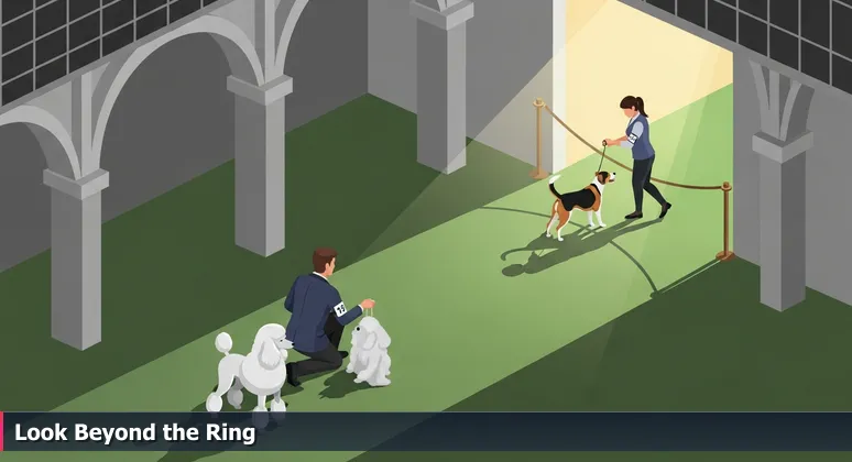 A dog show judge looks past a standard poodle to a mixed-breed dog, symbolizing the search for unique AI career opportunities in Indianapolis.