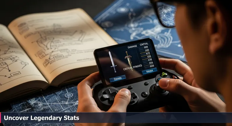 Gamer's hands holding a controller, with glasses reflecting a video game screen where a character equips a sword with hidden powerful stats in a fantasy RPG