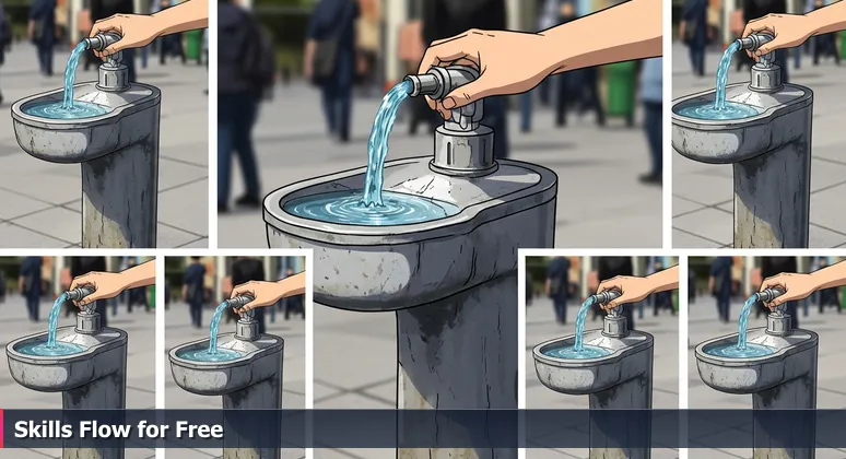 Close-up of a public water fountain in Indianapolis with flowing water, symbolizing free and accessible tech training resources.