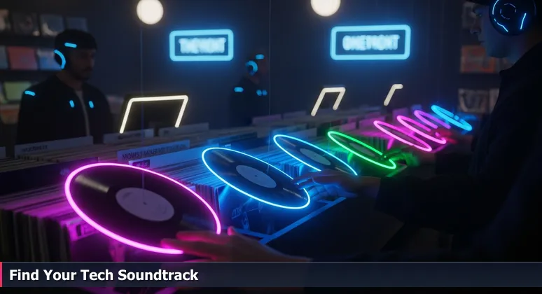 Close-up of hands flipping through vinyl records with handwritten genre tags in a record store, symbolizing the curated search for ideal tech coworking spaces in Indianapolis, IN.