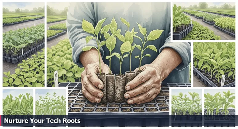 Weathered gardener's hands cradling young saplings in a nursery tray, symbolizing the selection of tech startups for junior developers in Indianapolis.
