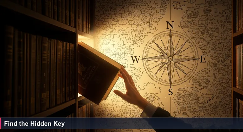 A hand reaching for a book in a library, with golden light revealing a hidden passage, symbolizing discovery of funding for tech training in Portugal