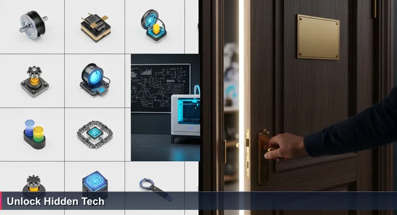 A hand hesitating on a weathered wooden library door with a brass plaque, light spilling out to reveal a modern 3D printer and Python code on a whiteboard inside.