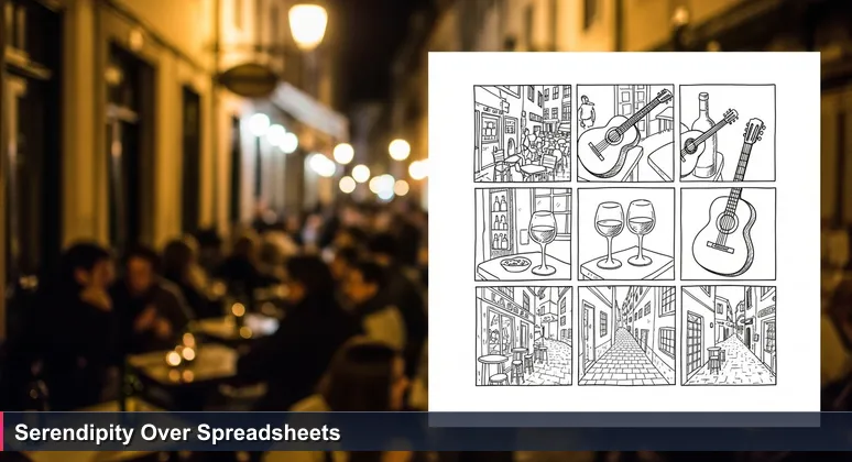 A hand holding a smartphone with a top 10 coworking spaces list, blurred background of a lively Lisbon tavern scene, symbolizing the search for community beyond rankings.