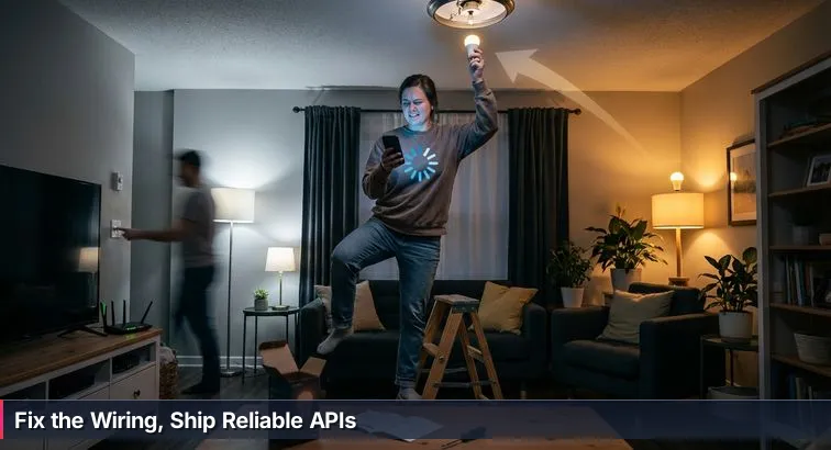 Developer on a stepstool holding a smart bulb beside a laptop with code, an open breaker panel on the wall, and scattered cables.