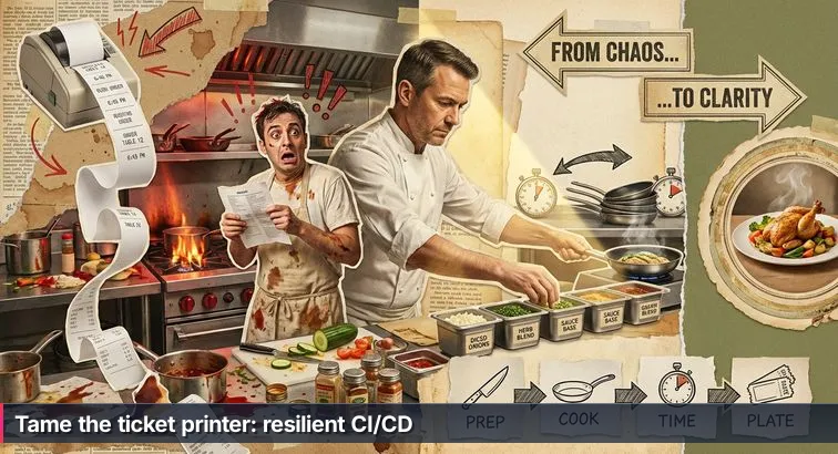 Split scene: a hectic restaurant kitchen with a ticket printer and cooks, paired with a developer at a laptop configuring a CI/CD pipeline, tense then focused mood.
