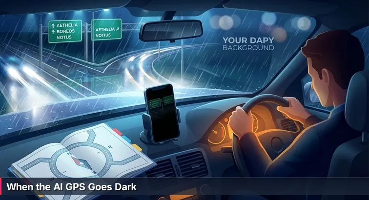 Nighttime, rain-splattered windshield showing a blurred highway fork with a fading blue path; a developer inside a car-turned-workspace leans over a laptop, focused and determined.