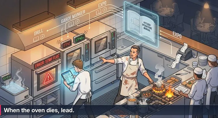 A busy restaurant kitchen at night: a calm head chef directs staff while a young cook stares at a tablet and blinking smart devices and steam fill the room.